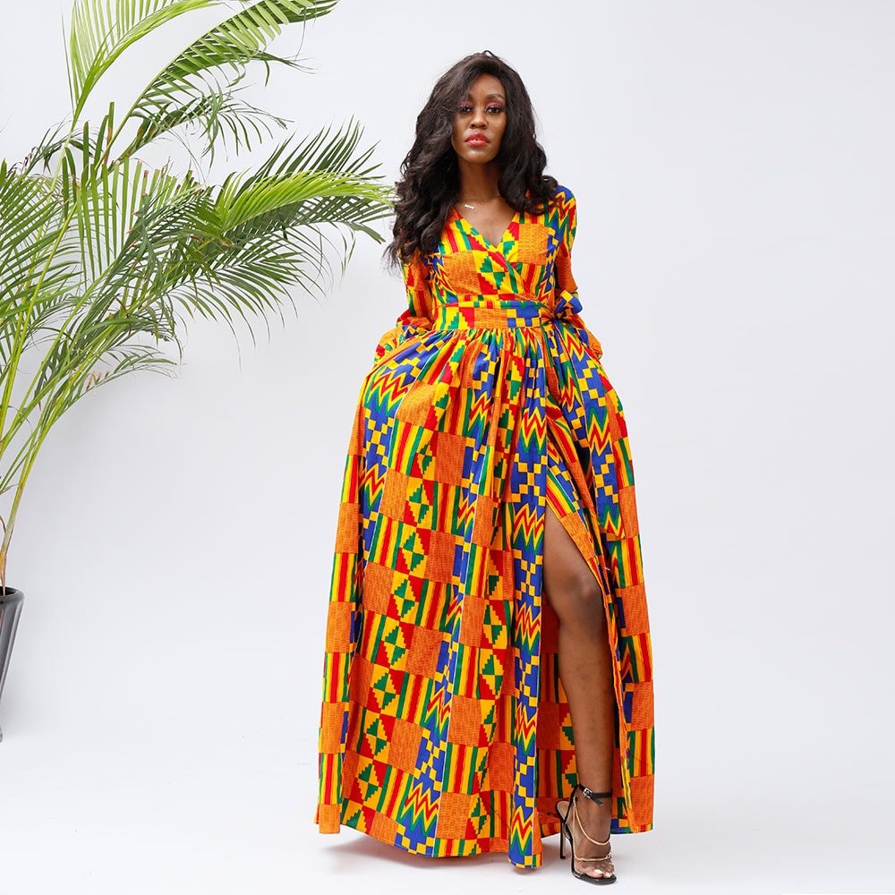Terry kente print long sleeve maxi dress - Ukenia