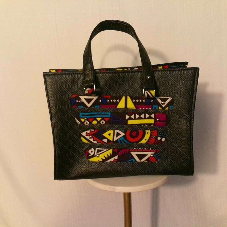 Black Leather Handbag with Bold African Prints, Tribal Handbag - Ukenia